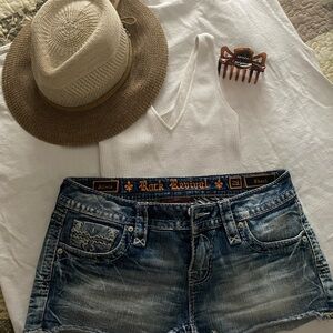 Rock Revival Blue and White Jean Shorts with Distressed Hem